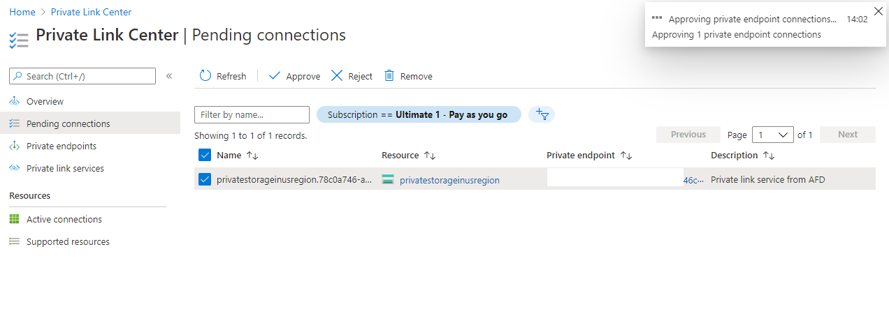 Approve pending Azure PrivateLink connection