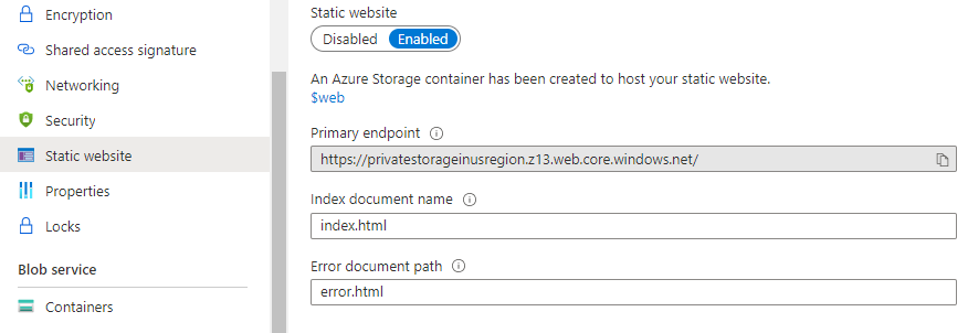 Turn on static website feature on Blob Storage