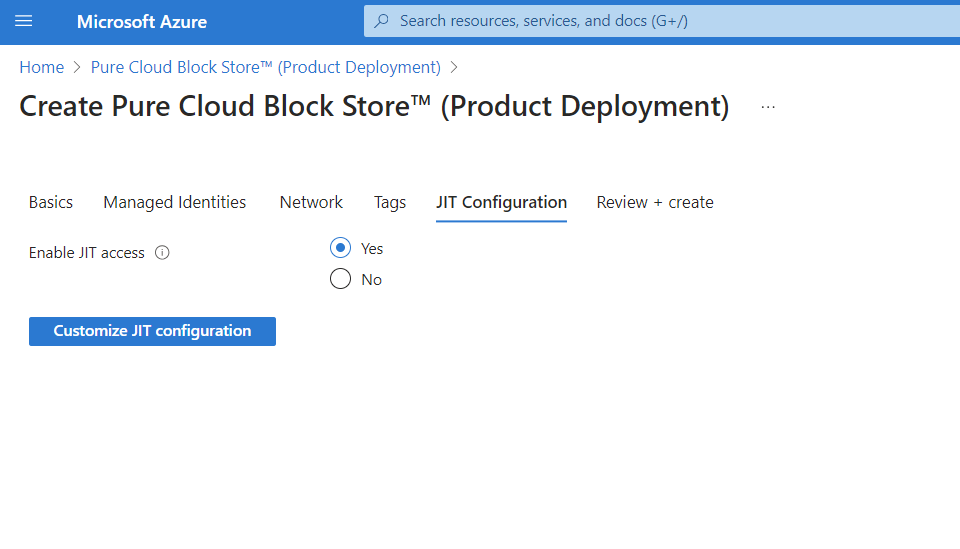 An image illustrating the JIT access configuration during Pure Cloud Block Store from Azure Marketplace deployment