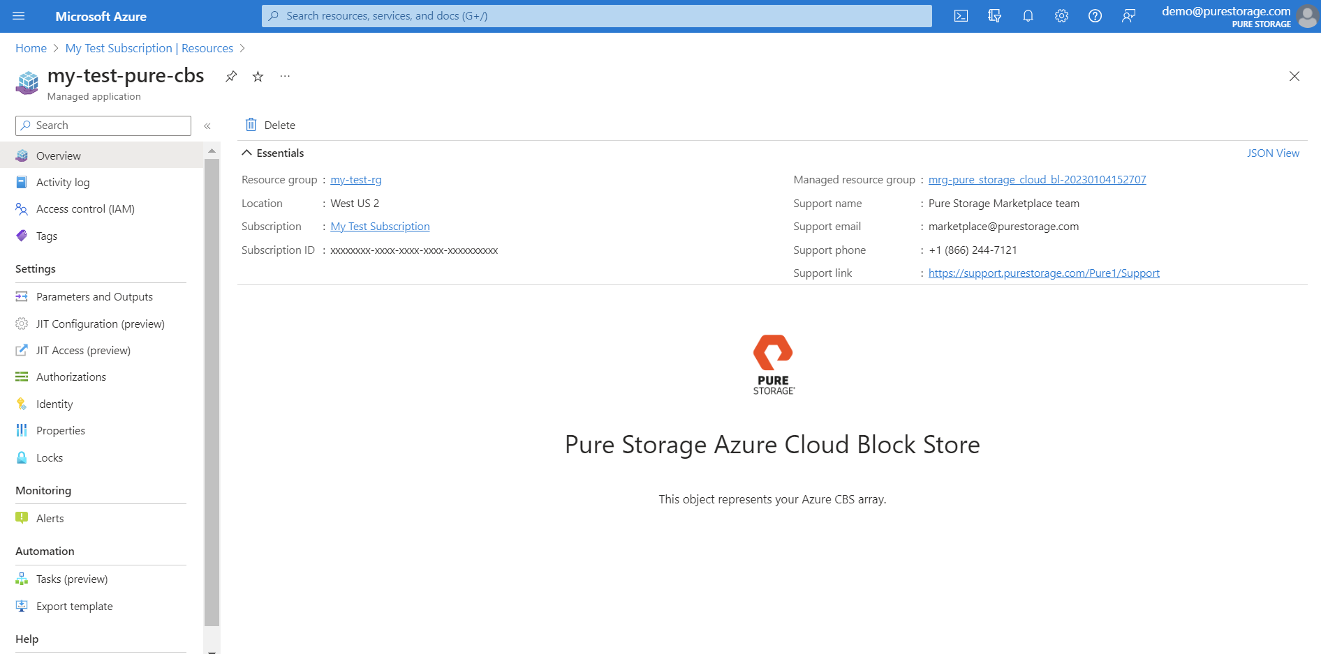 Representation of an Managed Application resource - showcasing the deployment of Pure Cloud Block Store solution from Azure Marketplace